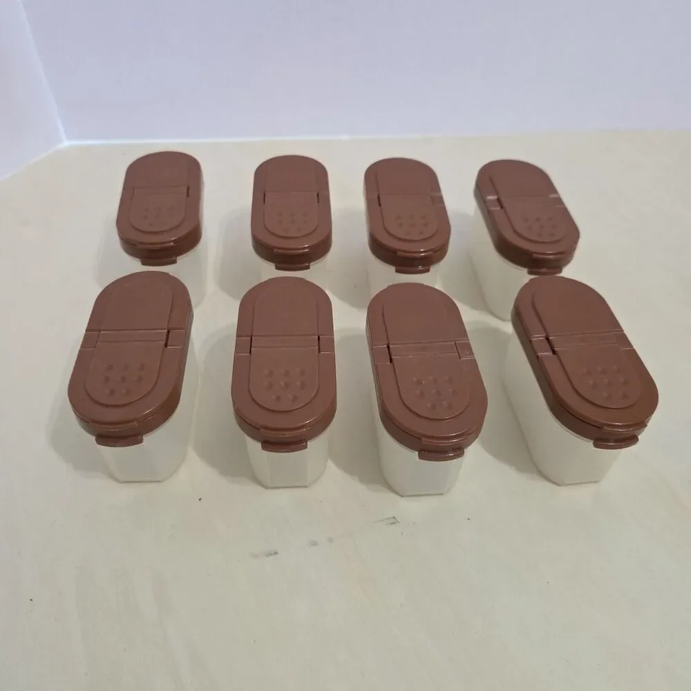 Vintage Tupperware #1843 Spice Container Shakers Brown Magnetic Lids Set of 8